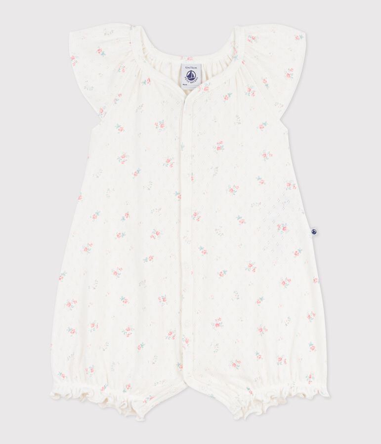 Combinaison courte b&eacute;b&eacute; en coton fleuri blanc MARSHMALLOW/blanc MULTICO