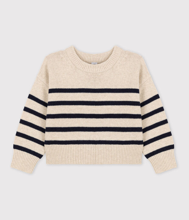 Pull ray&eacute; en laine et coton enfant fille / gar&ccedil;on &eacute;cru/bleu