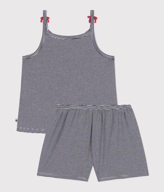 Pyjama short enfant en coton à bretelles à rayures bleu SMOKING/blanc MARSHMALLOW