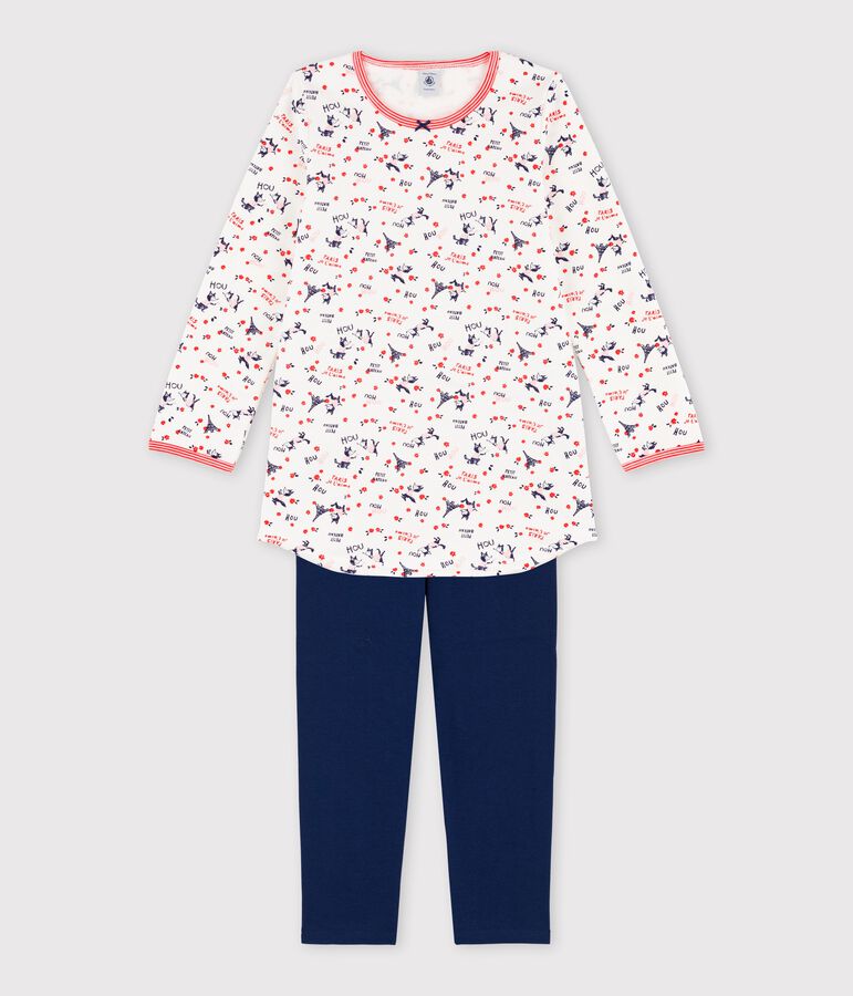 Chemise de nuit avec legging petite fille en coton biologique blanc MARSHMALLOW/blanc MULTICO