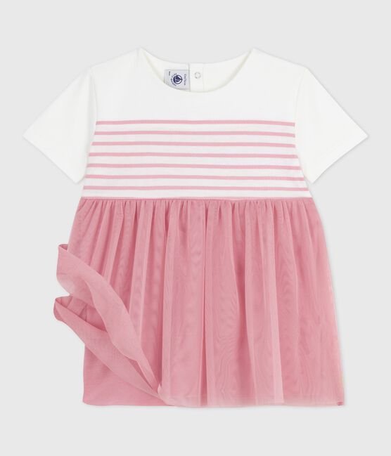 Robe bébé coton et tulle manches courtes, haut rayé blanc MARSHMALLOW/rose CHARME