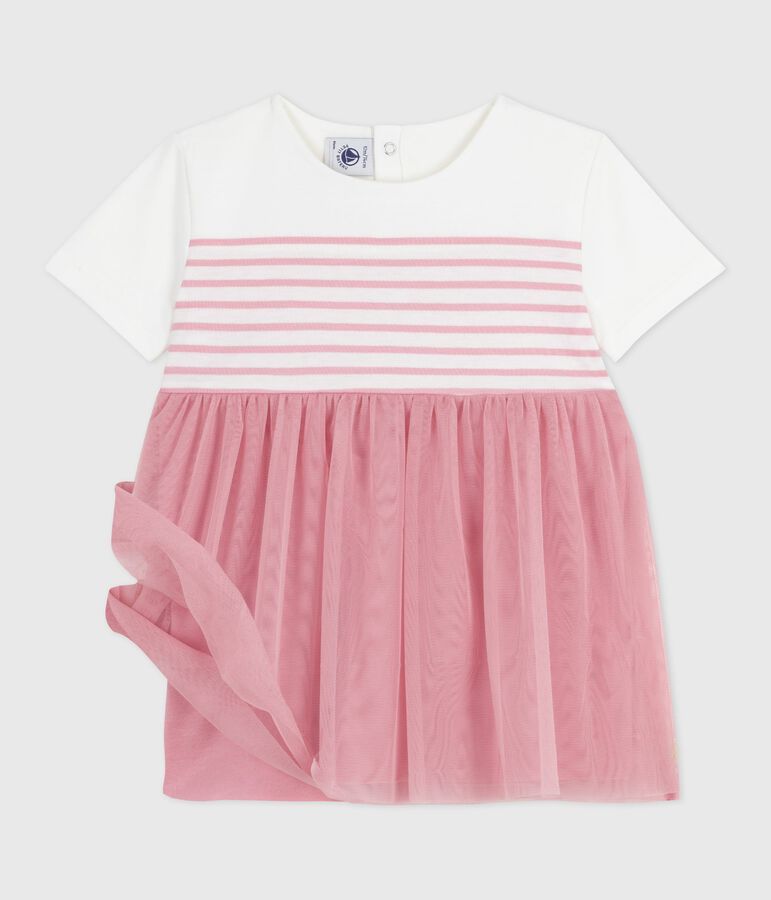 Robe b&eacute;b&eacute; coton et tulle manches courtes, haut ray&eacute; blanc MARSHMALLOW/rose CHARME