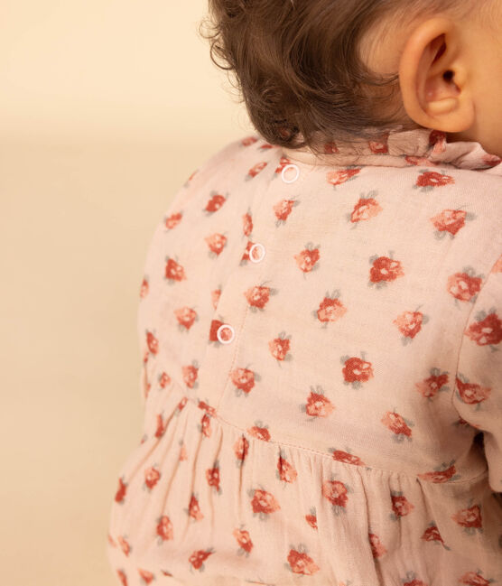 Robe manches longues en gaze de coton bébé rose SALINE/blanc MULTICO