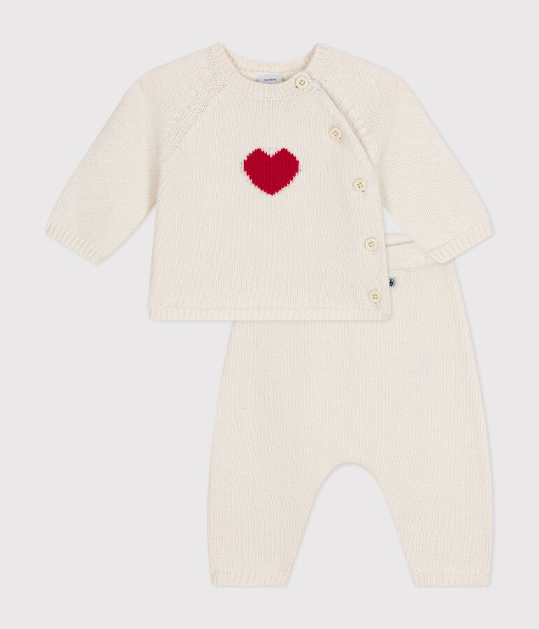 Ensemble en tricot laine et coton motif coeur b&eacute;b&eacute; rouge MARSHMALLOW/blanc CORRIDA