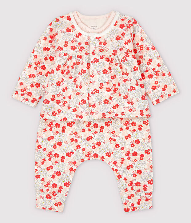 Ensemble 3 pi&egrave;ces rose b&eacute;b&eacute; en coton biologique blanc/multicouleur