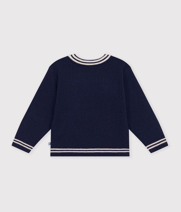Pull enfant en laine et coton motif n&oelig;ud bleu/beige