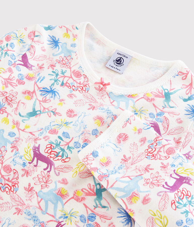 Pyjama imprim&eacute; jungle petite fille en coton blanc MARSHMALLOW/blanc MULTICO
