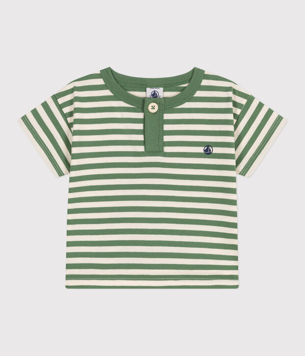 T-shirt b&eacute;b&eacute; en coton &agrave; manches courtes ray&eacute; vert/&eacute;cru
