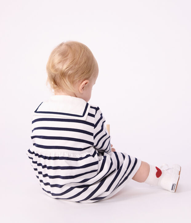 Robe b&eacute;b&eacute; en coton manches longues &agrave; rayures marini&egrave;re blanc/bleu