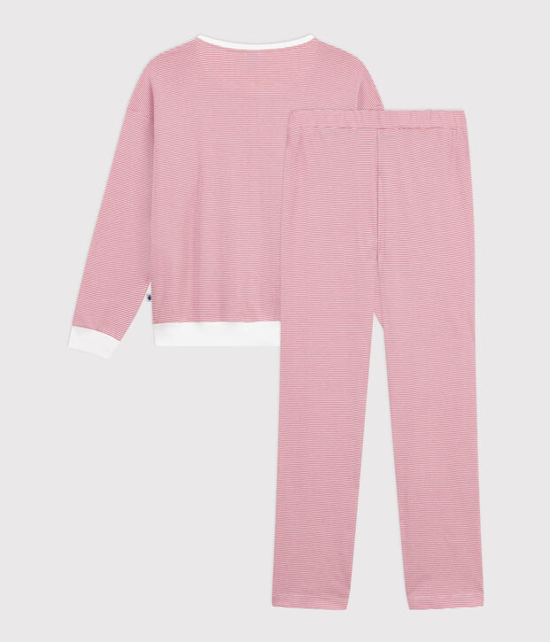Pyjama femme en coton &agrave; rayures rose/blanc