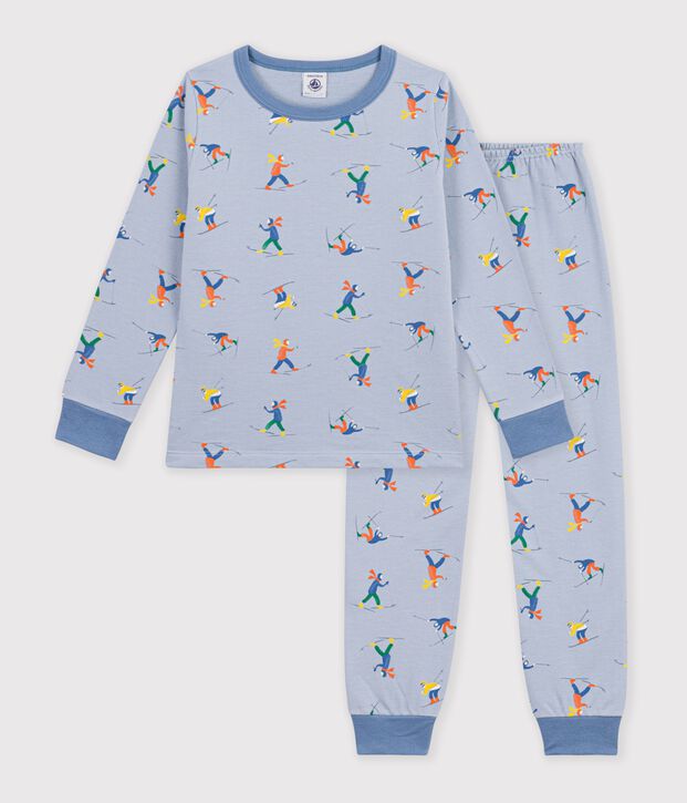 Pyjama enfant en molleton imprim&eacute; skieurs bleu/multicouleur