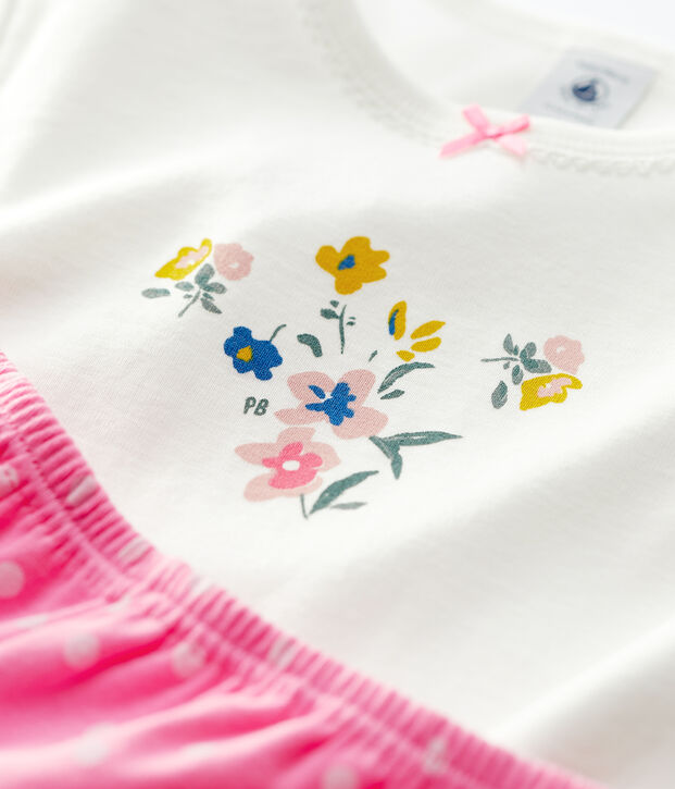 Pyjama &agrave; manches courtes petite fille en coton rose/blanc