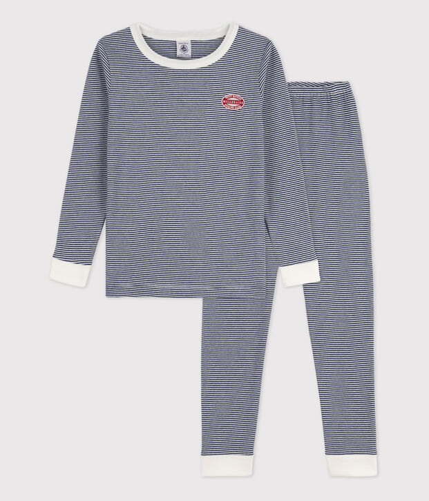 Pyjama ajust&eacute; milleraies en coton enfant bleu/blanc