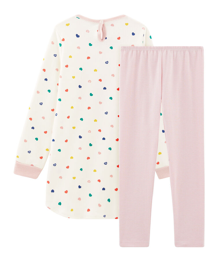 Chemise de nuit manches longues &agrave; coeurs petite fille en jersey double face blanc/multicouleur