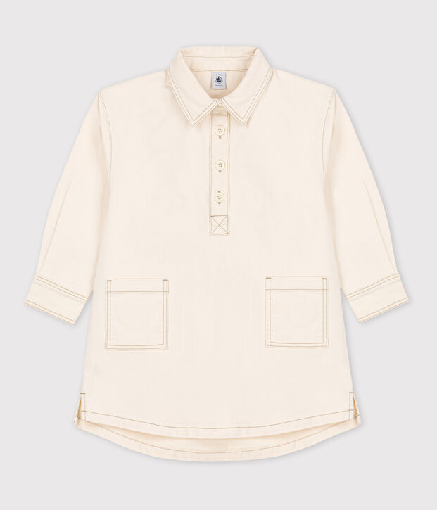 Robe manches longues en denim enfant fille &eacute;cru