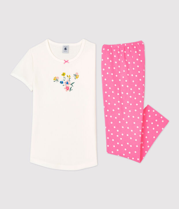 Pyjama &agrave; manches courtes petite fille en coton rose/blanc
