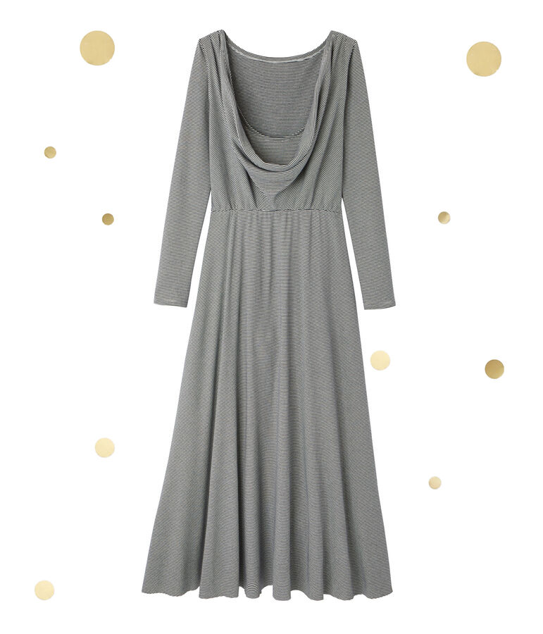 Robe longue femme &agrave; manches longues. Petit bateau x Marie-Agn&egrave;s Gillot bleu SMOKING/beige COQUILLE