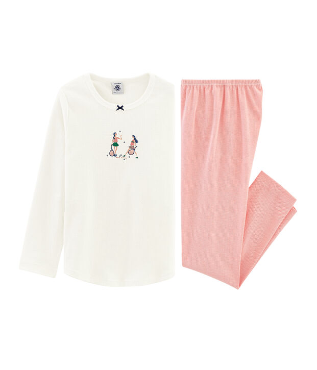 Pyjama petite fille en c&ocirc;te blanc/rose