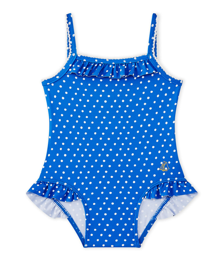 Maillot de bain b&eacute;b&eacute; fille &agrave; pois bleu PERSE/blanc MARSHMALLOW