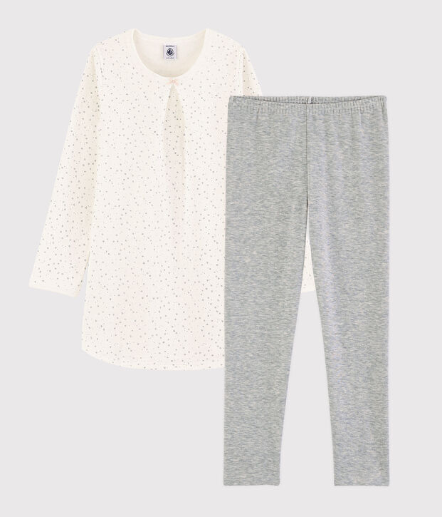 Chemise de nuit &eacute;toil&eacute;e avec legging petite fille en tubique blanc/gris