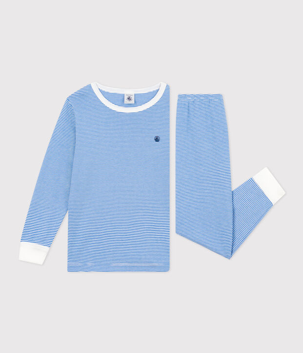 Pyjama ray&eacute; en coton enfant bleu/blanc