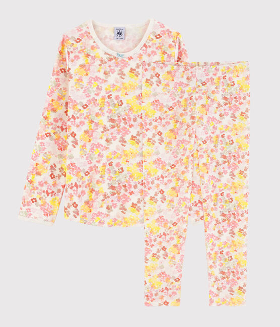 Pyjama fleurs aquarellées petite fille en coton blanc MARSHMALLOW/blanc MULTICO