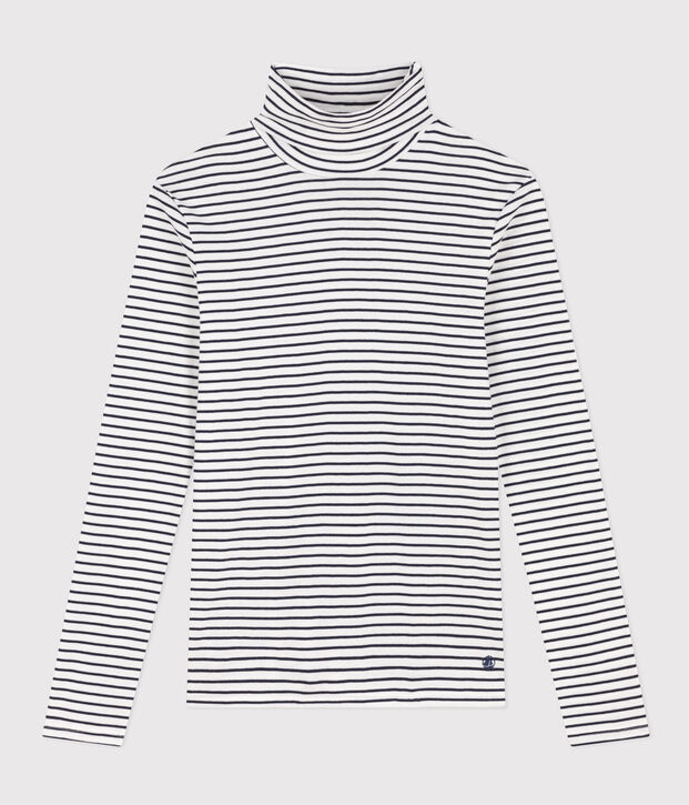 Tee-shirt col roul&eacute; L'ICONIQUE en coton Femme blanc/bleu