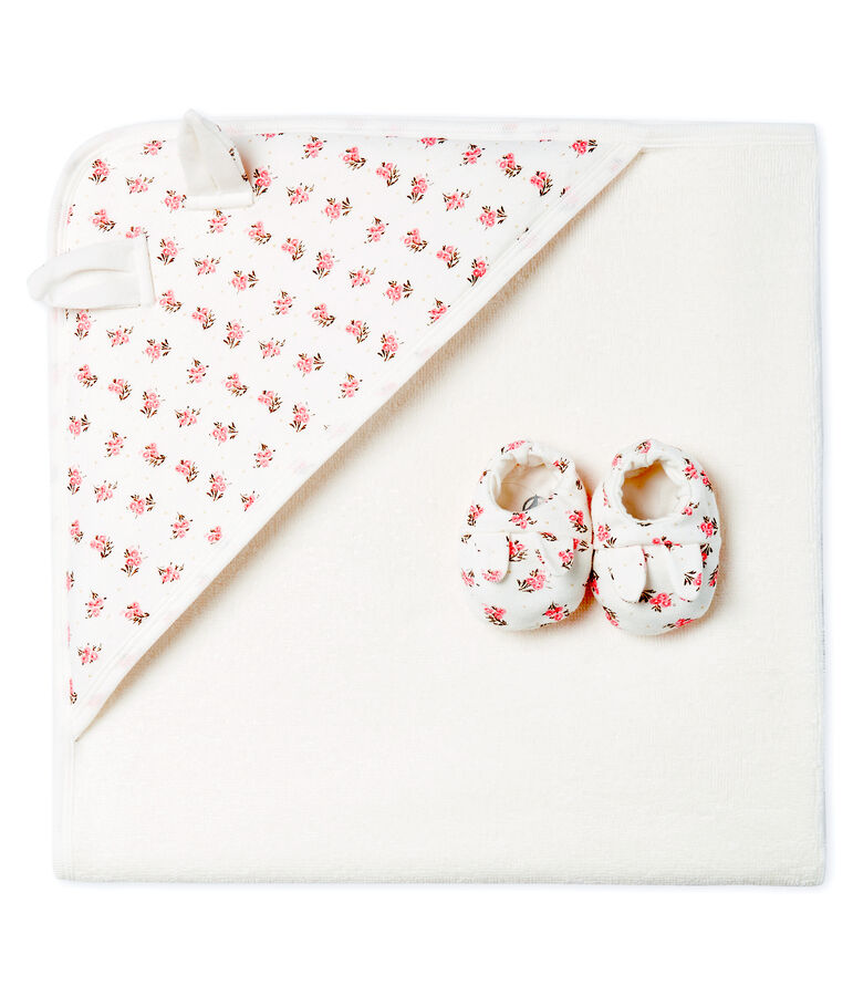 Coffret carr&eacute; de bain et chaussons b&eacute;b&eacute; en BE et c&ocirc;te blanc/rose/multicouleur