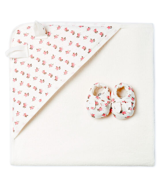 Coffret carré de bain et chaussons bébé en BE et côte blanc MARSHMALLOW/rose GRETEL/ MULTICO