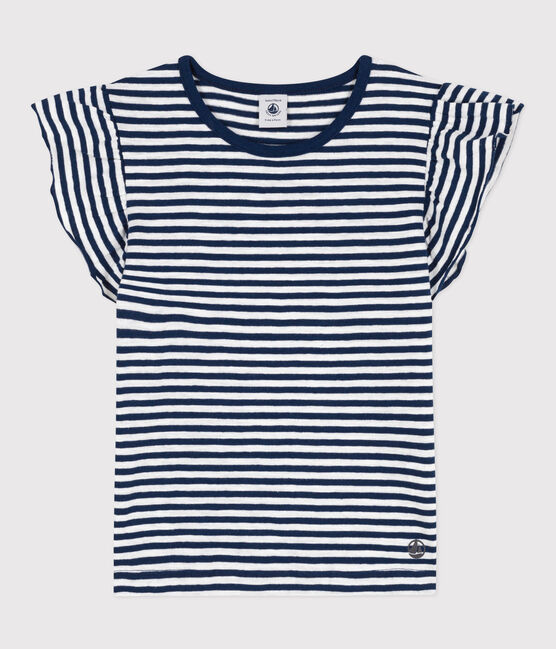 Tee-shirt rayé en coton enfant fille bleu MEDIEVAL/blanc MARSHMALLOW