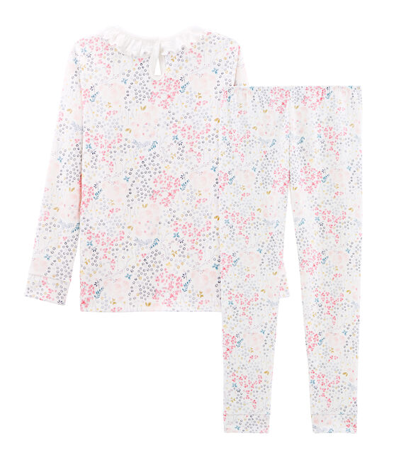 Pyjama petite fille coupe très ajustée en côte blanc MARSHMALLOW/blanc MULTICO