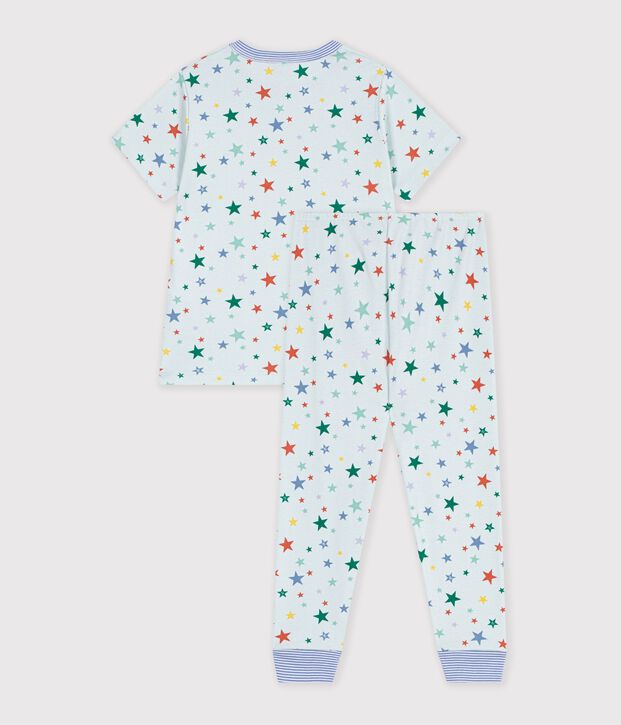 Pyjama enfant en coton manches courtes jambes longues imprim&eacute; bleu/multicouleur