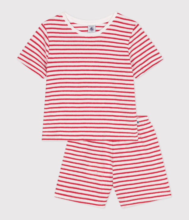 Pyjama short enfant en coton &eacute;ponge &agrave; rayures rouge/rouge