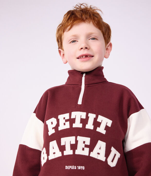 Sweatshirt col camionneur enfant en coton uni colorblock rouge/&eacute;cru