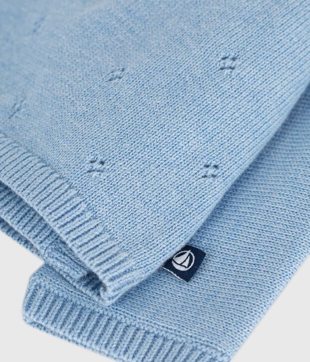 Brassi&egrave;re b&eacute;b&eacute; cache-c&oelig;ur ajour&eacute;e en tricot laine et coton bleu clair