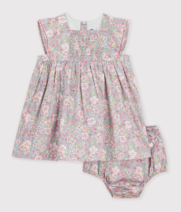 Robe b&eacute;b&eacute; en coton manches courtes et son bloomer imprim&eacute;s fleurs bleu/multicouleur
