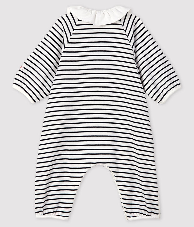 Combinaison longue &agrave; rayures b&eacute;b&eacute; fille en c&ocirc;te blanc/bleu