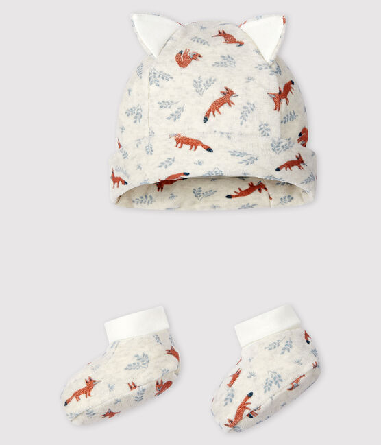 Lot bonnet naissance et chaussons renard bébé garçon en velours beige MONTELIMAR/blanc MULTICO