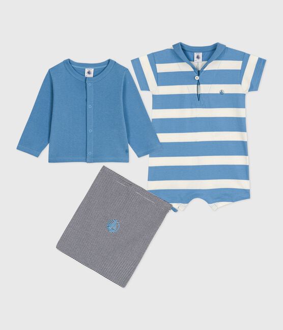 Ensemble bébé deux pièces en coton cardigan uni et combicourte bleu ALASKA/blanc MULTICO