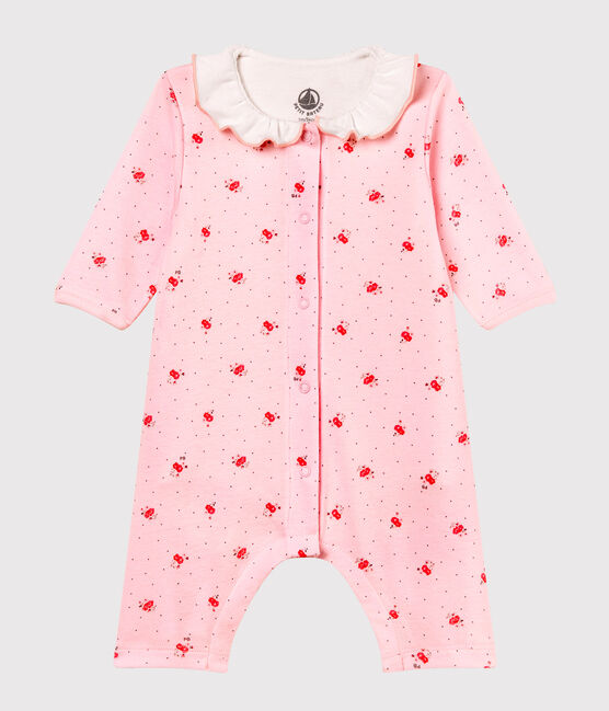 Bodyjama sans pieds bébé fille en côte 1x1 imprimée rose VIENNE/blanc MULTICO