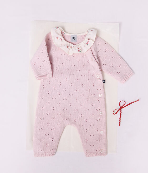 Combinaison b&eacute;b&eacute; en tricot laine et coton &agrave; col uni rose clair