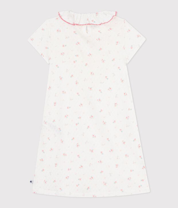 Chemise de nuit enfant en coton ajour&eacute; imprim&eacute; fleuri blanc/multicouleur