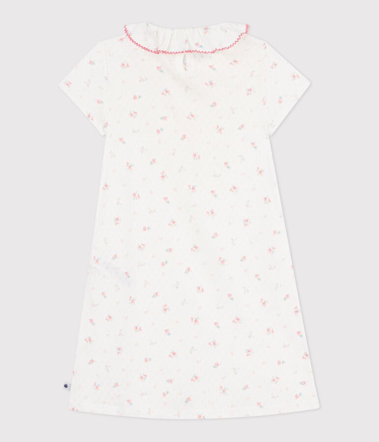 Chemise de nuit enfant en coton ajour&eacute; imprim&eacute; fleuri blanc MARSHMALLOW/blanc MULTICO