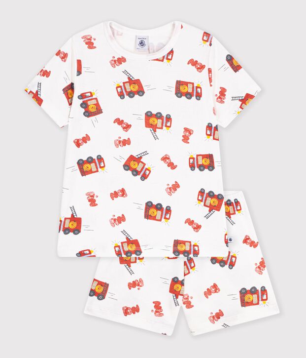 Pyjama short enfant en coton imprim&eacute; pompier blanc/multicouleur