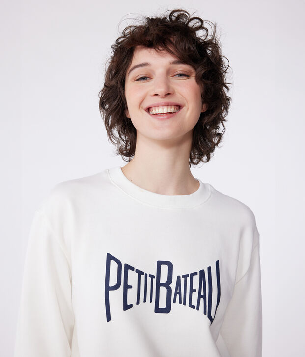 Sweatshirt femme en coton imprim&eacute; blanc