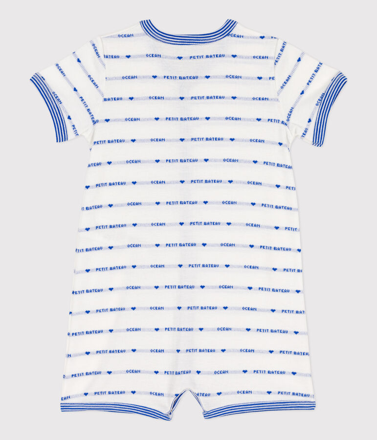 Combinaison courte jacquard en coton b&eacute;b&eacute; blanc MARSHMALLOW/bleu PERSE