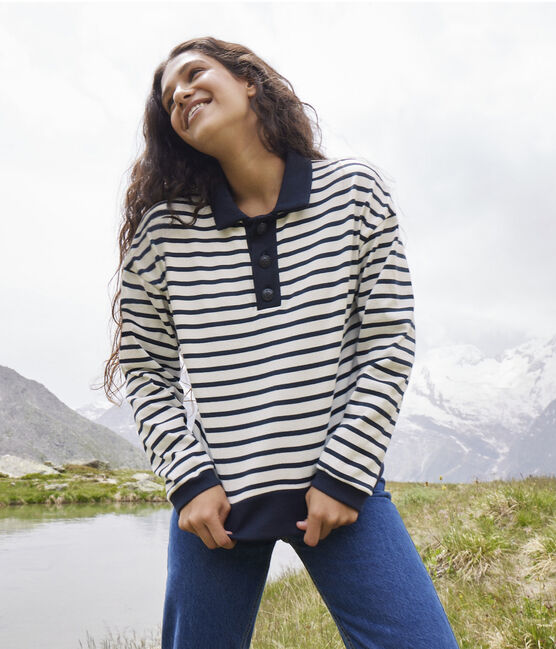 Marinière polo en coton Femme blanc MARSHMALLOW/bleu SMOKING