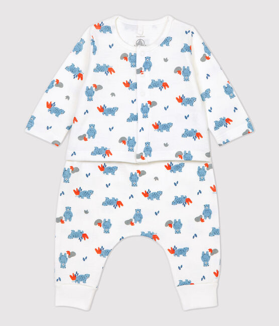 Ensemble 3 pièces imprimé ours bébé en coton biologique blanc MARSHMALLOW/blanc MULTICO