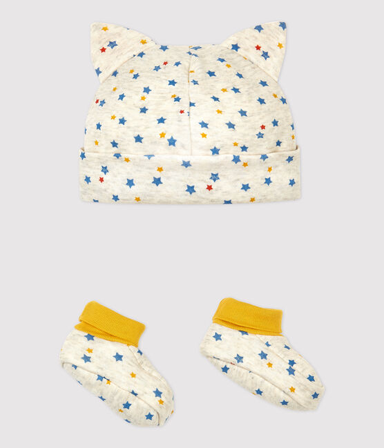 Lot bonnet naissance et chaussons bébé garçon en laine et coton biologique beige MONTELIMAR/blanc MULTICO