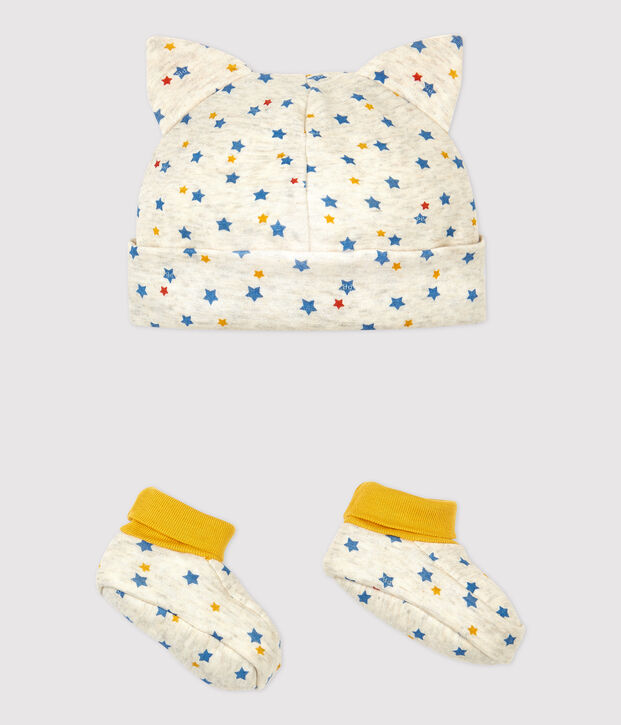 Lot bonnet naissance et chaussons b&eacute;b&eacute; gar&ccedil;on en laine et coton biologique beige/multicouleur